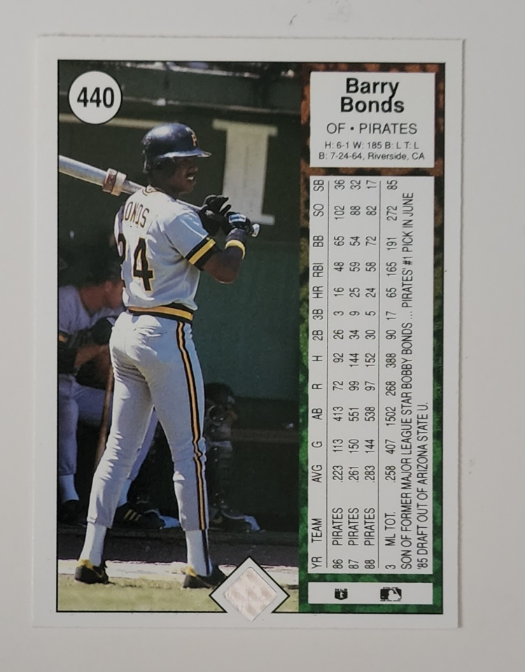 Barry Bonds Upper Deck 1989 Card #440 Back