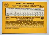 Barry Bonds Donruss 1986 Cars #361 Back