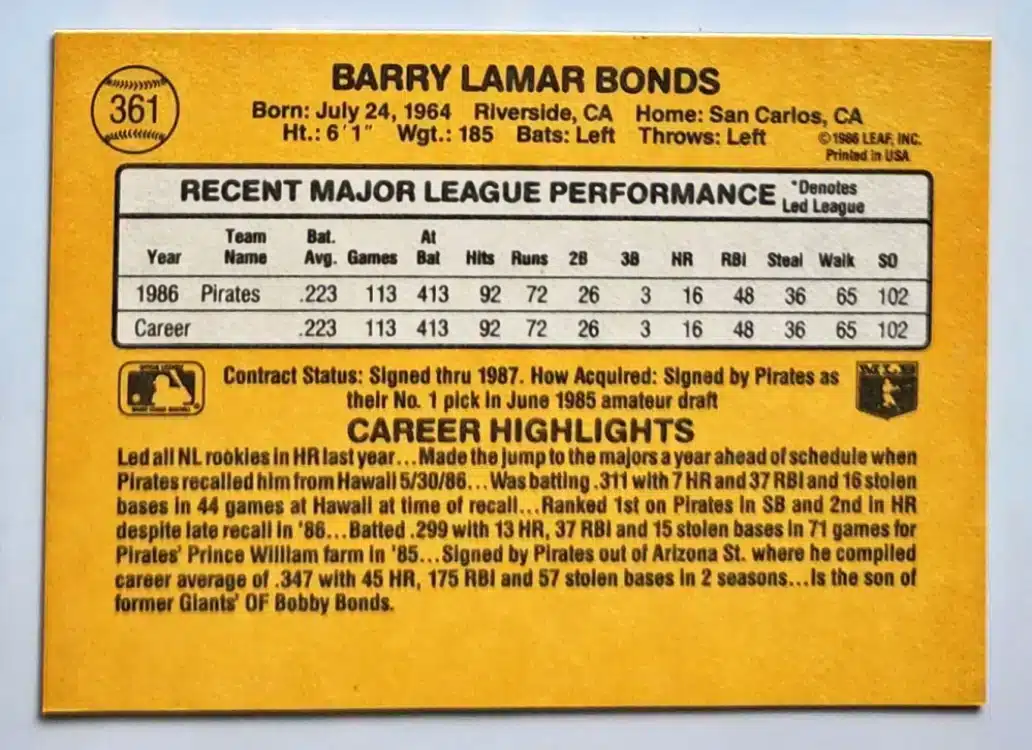 Barry-Bonds-donruss-1986-361-back Barry Bonds Donruss 1986 Cars #361 Back