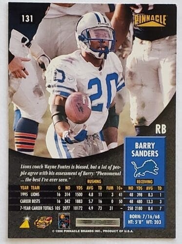 Barry Sanders Pinnacle 1996 NFL Sports Trading Card #131 Detroit Lions