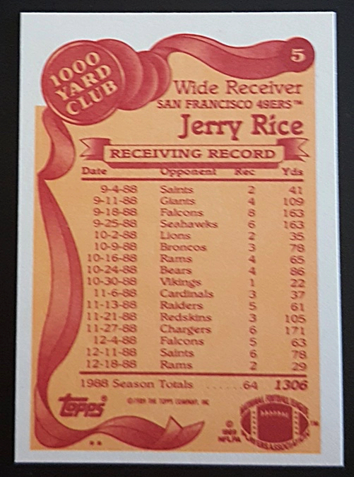 Jerry Rice Topps 1989 1000 Yard Club Back