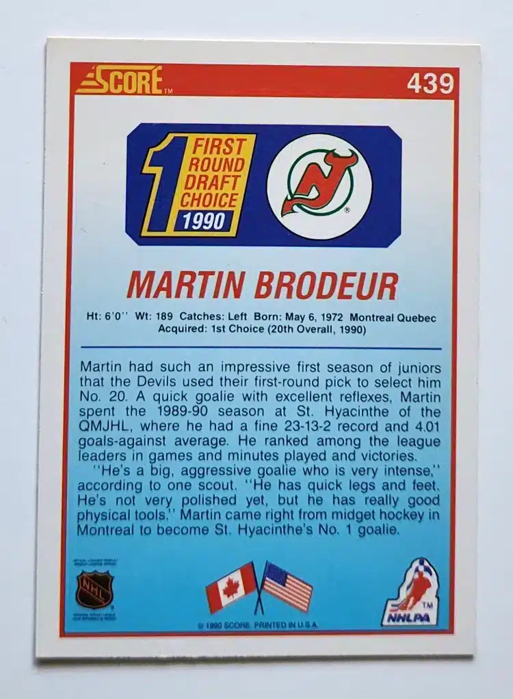 martin-brodeur-score-1990-new-jersey-devils-back Martin Brodeur Score 1990 Card #439 back
