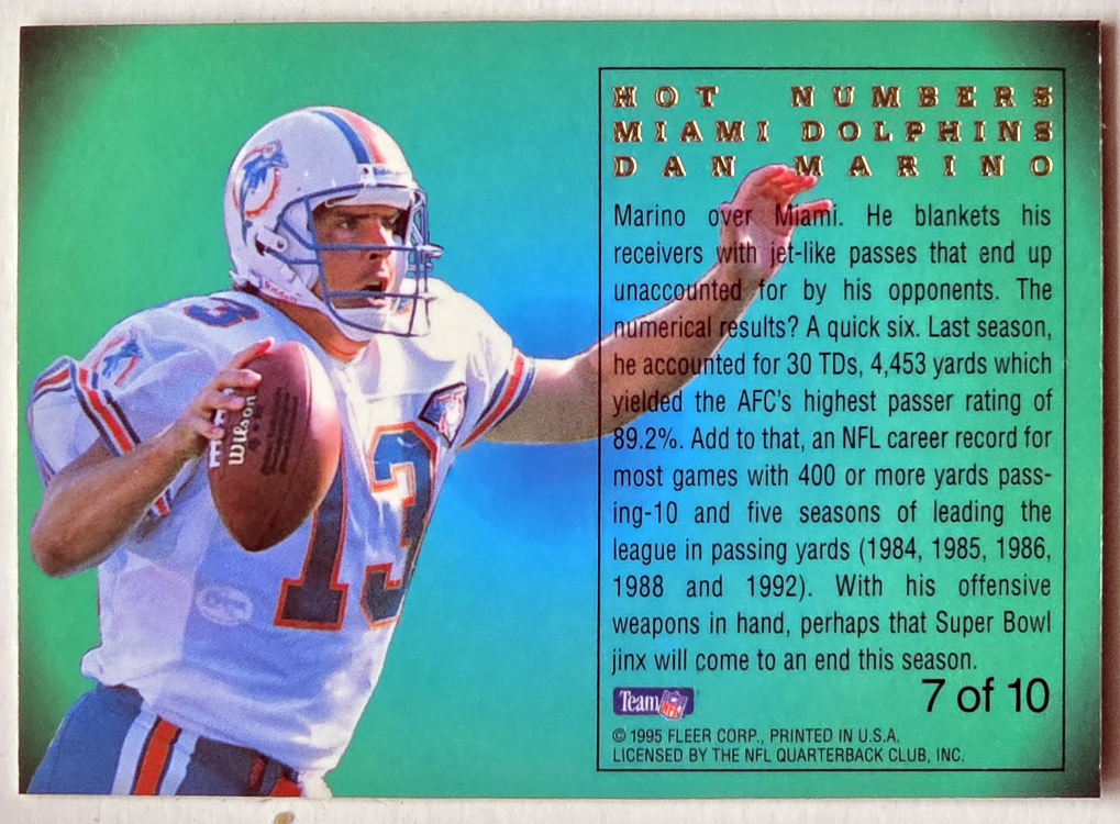 Dan Marino Flair "Hot Numbers" 1995 Card #7 of 10 Miami Dolphins Back