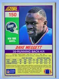 Dave Megget Score 1990 Card #150 Back