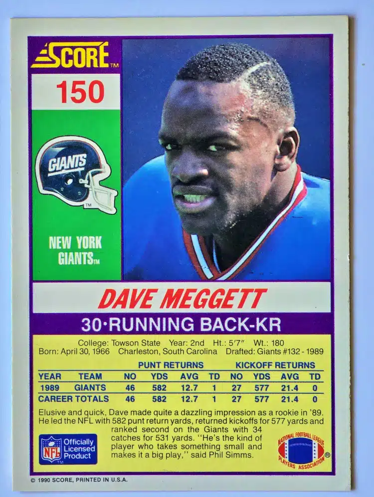 Dave Megget Score 1990 Card #150 Back
