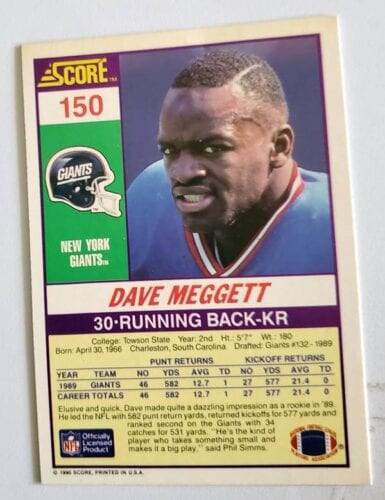 Dave Meggett Score 1990 Card #150 Back