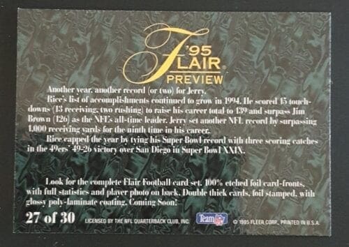 Jerry Rice Flair Preview 1995 Card #27 of 30 back