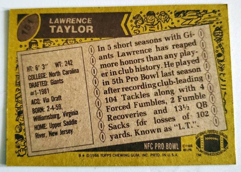 Lawrence Taylor Topps 1986 Card # 151 back.