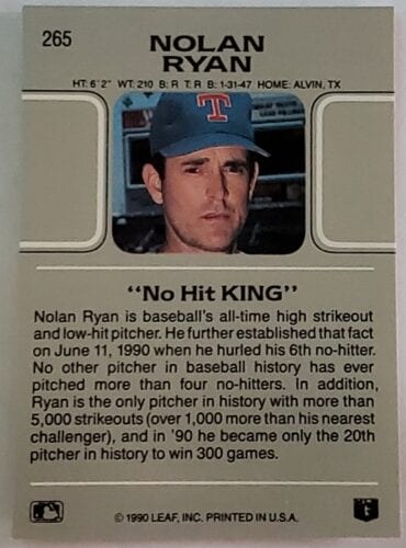 Nolan Ryan Leaf 1990 Card #265 Back