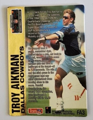Action Packed 1994 Quarterback Challenge Troy Aikman NFL# FA3 Dallas Cowboys Back