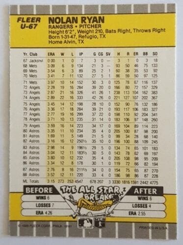 Nolan Ryan Fleer 1989 Update Back