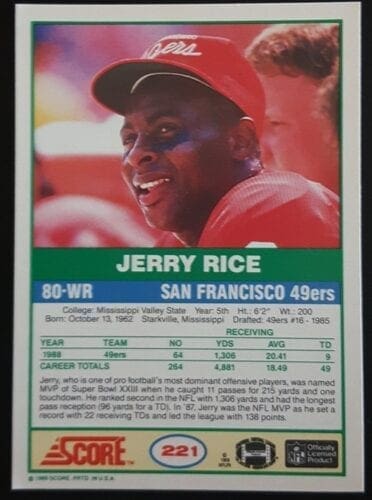 Jerry Rice Score 1989 Card # 221 San Francisco 49ers Back