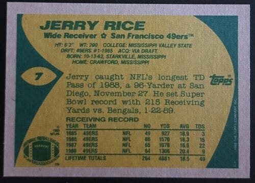 Jerry Rice Topps 1989 Back
