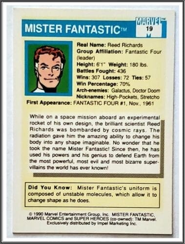 Marvel Comic Card 1990 Super Heroes Mister Fantastic Card #19