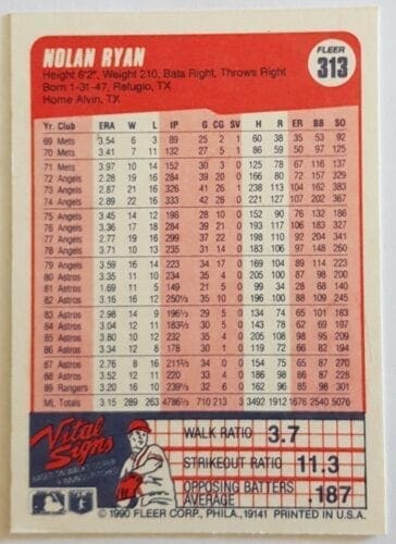 Nolan Ryan Fleer 1990 Back