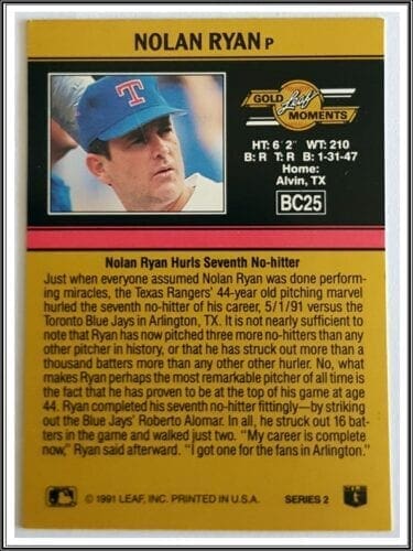 Nolan Ryan Golden Moments Leaf 1990 MLB Card #265 Texas Rangers