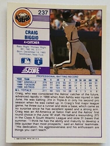 Craig Biggio Score 1989 Back