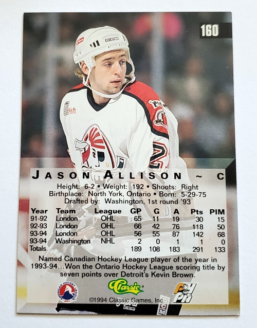 Jason Allison Classic 4 Sport 1994 NHL Trading Card #160 Washington Capitals Back