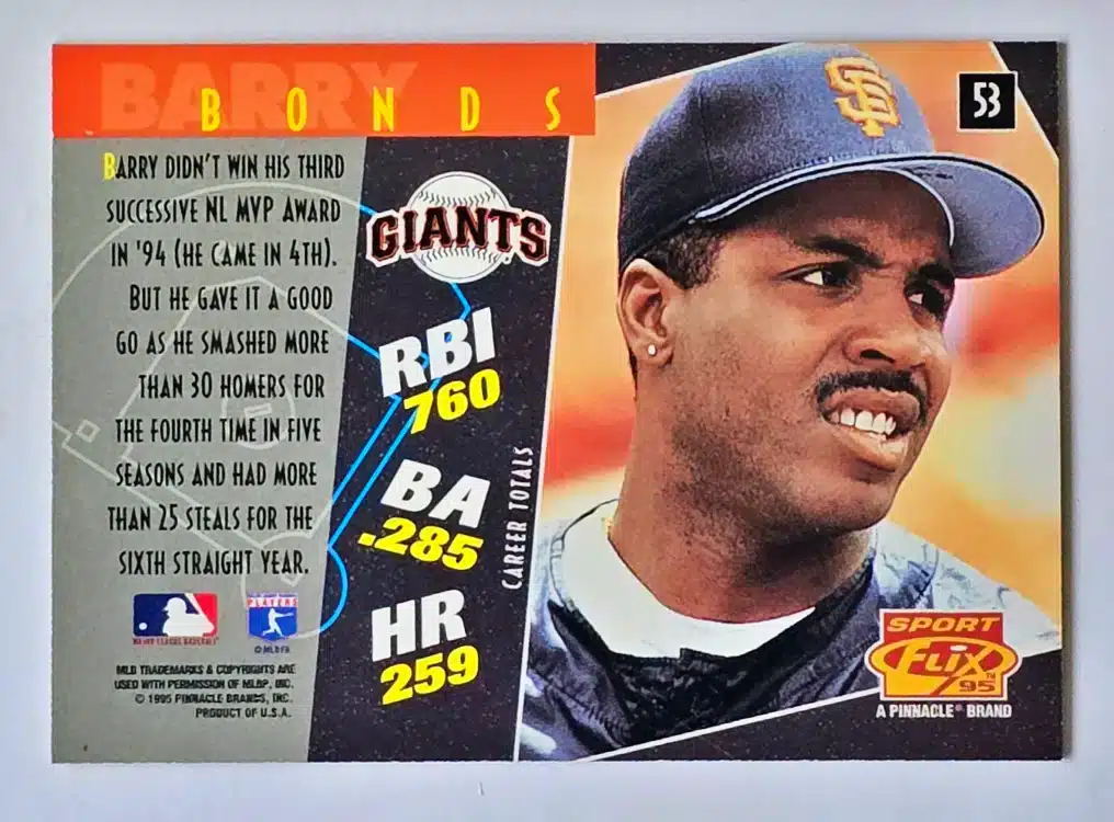 Barry Bonds Sportflix 1995 Card #53 Back