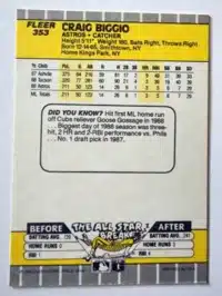 Craig Biggio Fleer 1989 Card #353 Back