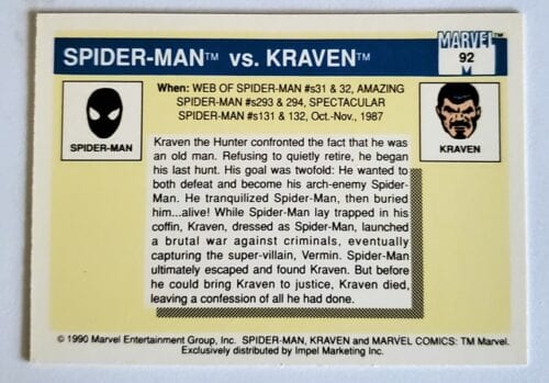 Spider-Man -vs- Kraven Marvel Cards 1990 Battles Card #92