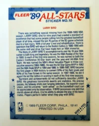 Larry Bird Fleer 1989 Sticker #10 Back