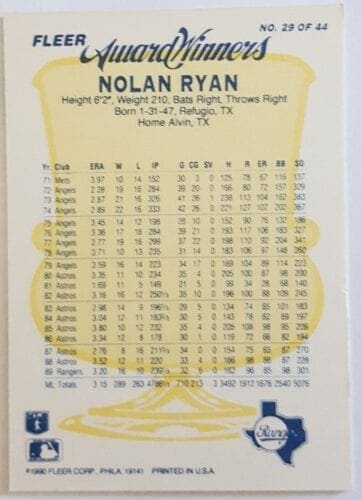 Nolan Ryan Fleer 1990 Award Winners Card #29 of 44