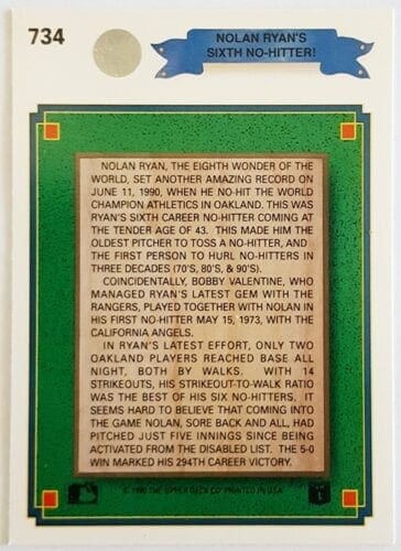 Nolan Ryan Upper Deck 1990 "300th Win" Card #734 Back