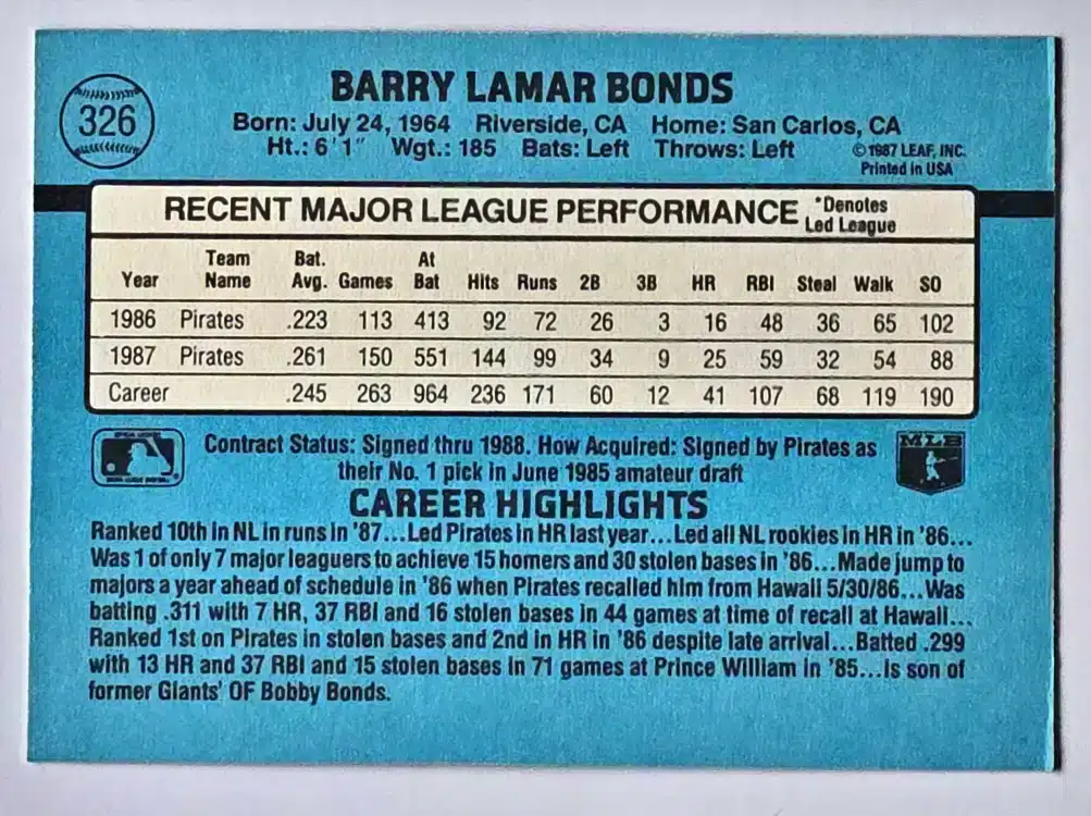 Barry Bonds Donruss 1988 Cars #326 Back
