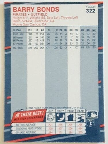 Barry Bonds Fleer 1988 MLB Sports Trading Card #322 Back