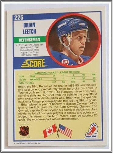 Brian Leetch Score 1990 NHL Card #225 Back
