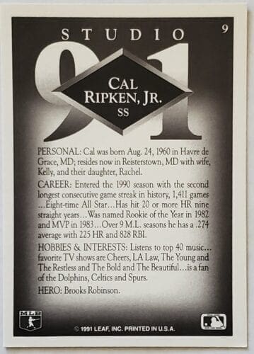 Cal Ripken Studio 1991 MLB Trading Card #9 Back