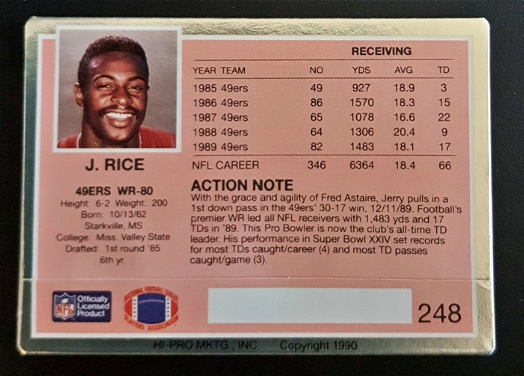 Jerry Rice Action Packed 1990 Card 248 Back
