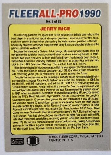 Jerry Rice Fleer "All-Pro" 1990 NFL Card #2 of 25