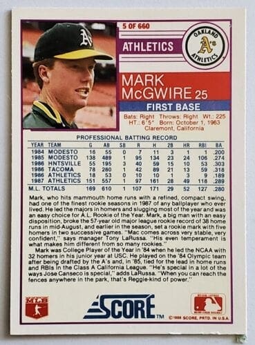 Mark McGwire Score 1988 MLB Trading Card #5