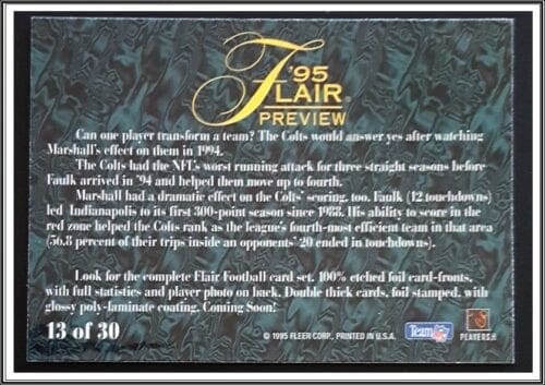Marshall Faulk Flair Preview 1995 NFL Card 13 of 30 Back