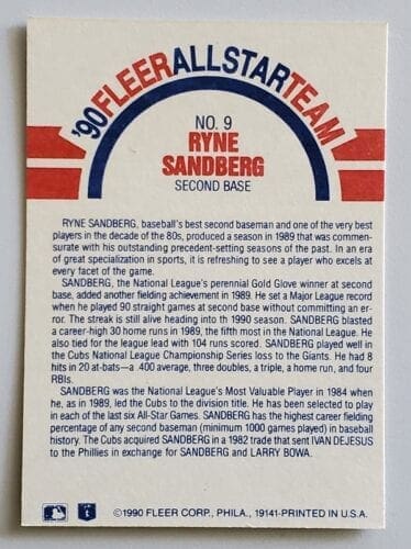 Ryne Sandberg Fleer 1990 All-Star Team MLB Trading Card #9 Back