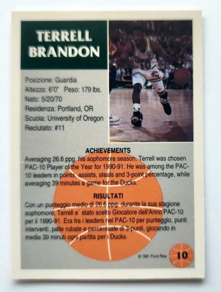 terrell-brandon-front-row--1991-10-oregon-ducks-back Terrell Brandon Front Row 1991 Card # 10 Back