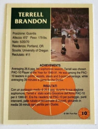 Terrell Brandon Front Row 1991 Card #10 Italian Version