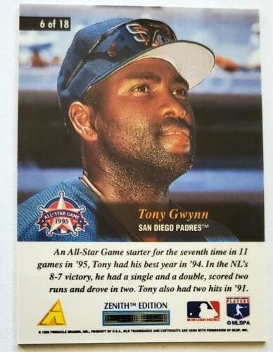 Tony Gwynn Pinnacle 1995 "All-Star Salute" MLB Trading Card #6 of 18 Back