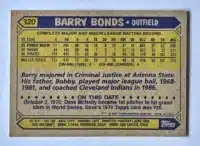 Barry Bonds Topps 1987 Card #320 Back