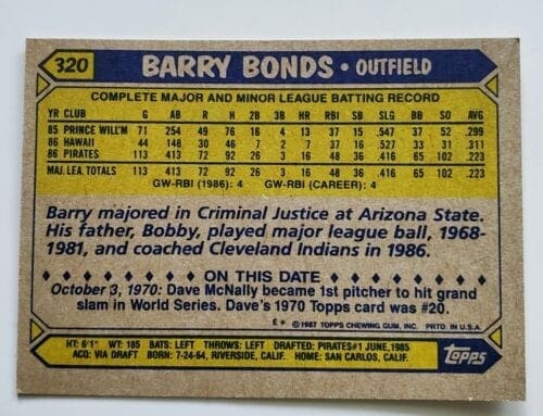 Barry Bonds Topps 1987 Card #320 Back