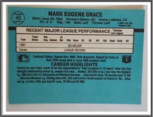Mark Grace Donruss 1988 Trading Card #40