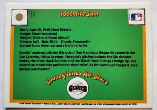 Yosemite Sam Upper Deck 1990 Looney Tunes All-Stars Card #8 Back