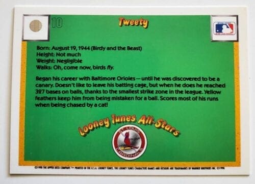 Tweety Upper Deck 1990 Looney Tunes All-Stars Card #10 Back