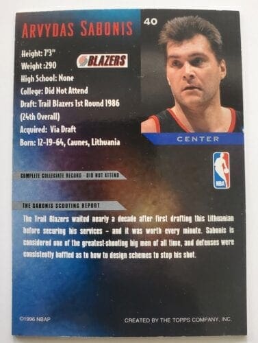 Arvydas Sabonis Topps Gallery 1996 NBA Sports Trading Card #40 Back