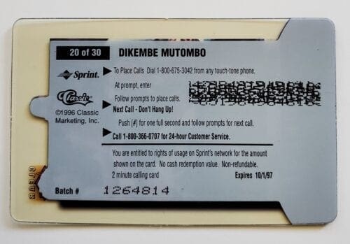 Dikembe Mutombo $2 Phone Card Classic Clear Assets 1996 NBA Card #20 of 30 back