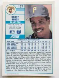 Barry Bonds Score 1989 Card #127 back