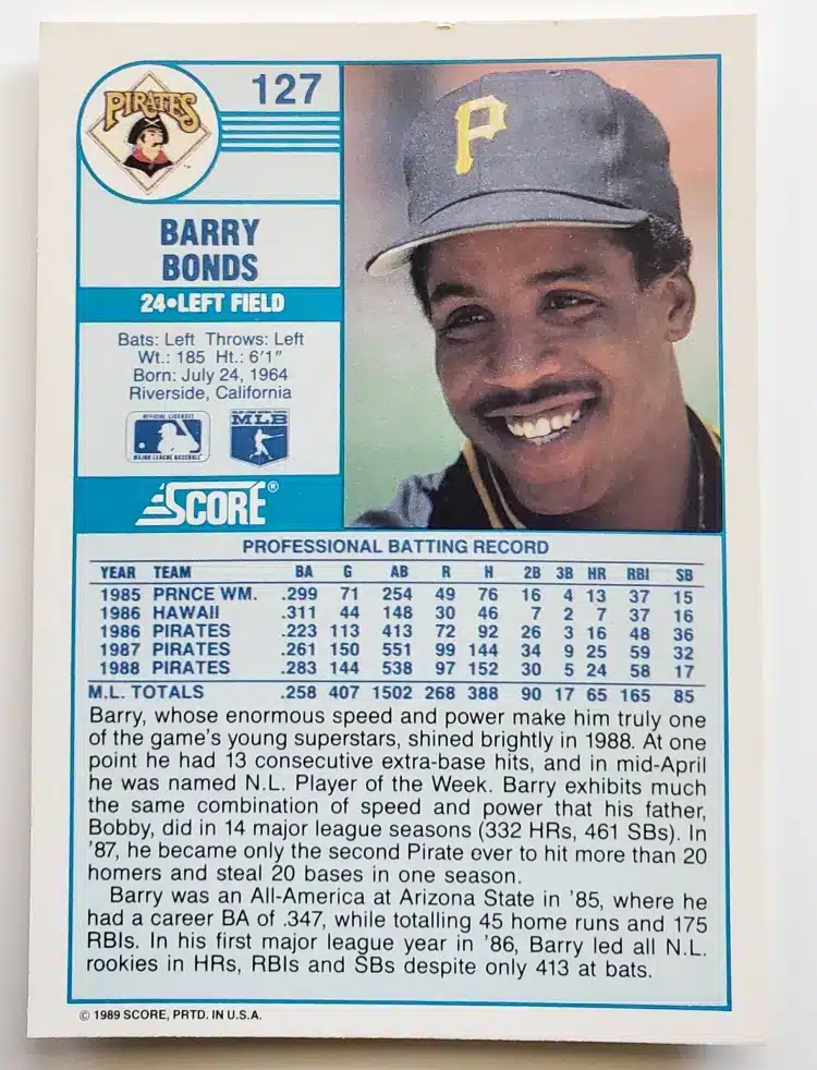 Barry Bonds Score 1989 Card #127 back