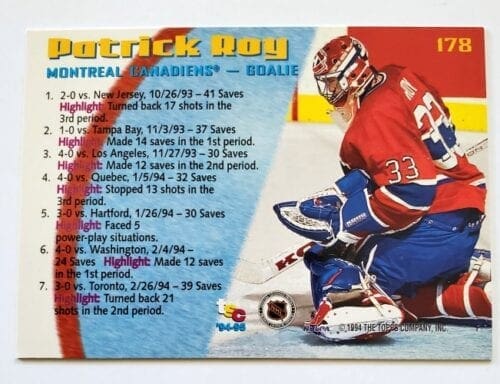 Patrick Roy Topps Stadium Club "Shutouts" 1994 Card #178Back